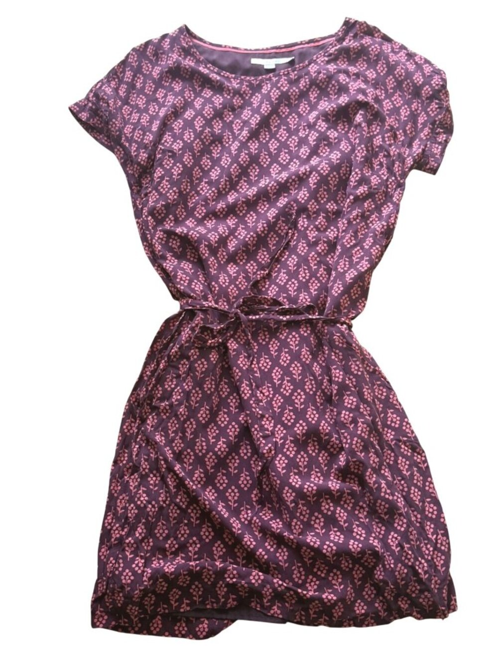 Boden Women's Belted Dress Sz 8L Purple Pink Floral Lined Short Sleeve Pockets